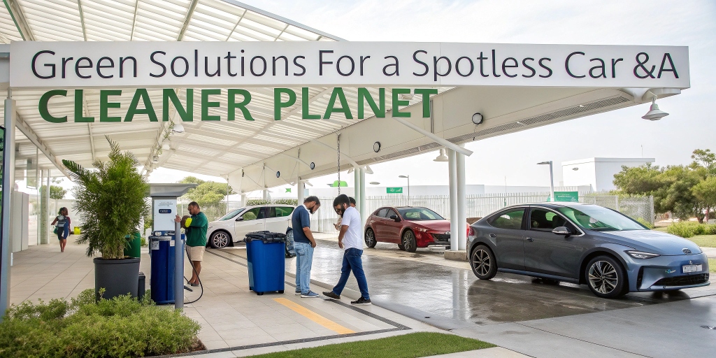 Eco-friendly car wash using water-saving technology and biodegradable products, showcasing a spotless vehicle and sustainable auto spa solutions.