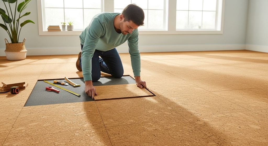 Cork flooring tiles installation with natural renewable material providing antimicrobial properties and improved indoor air quality
