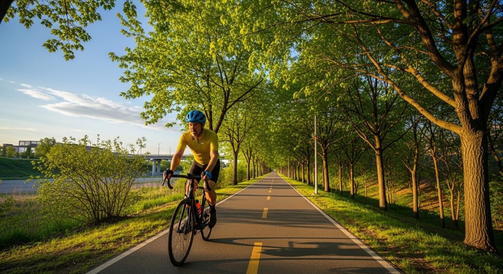 A cyclist riding along the Midtown Greenway in Minneapolis on a sunny morning with trees lining the path