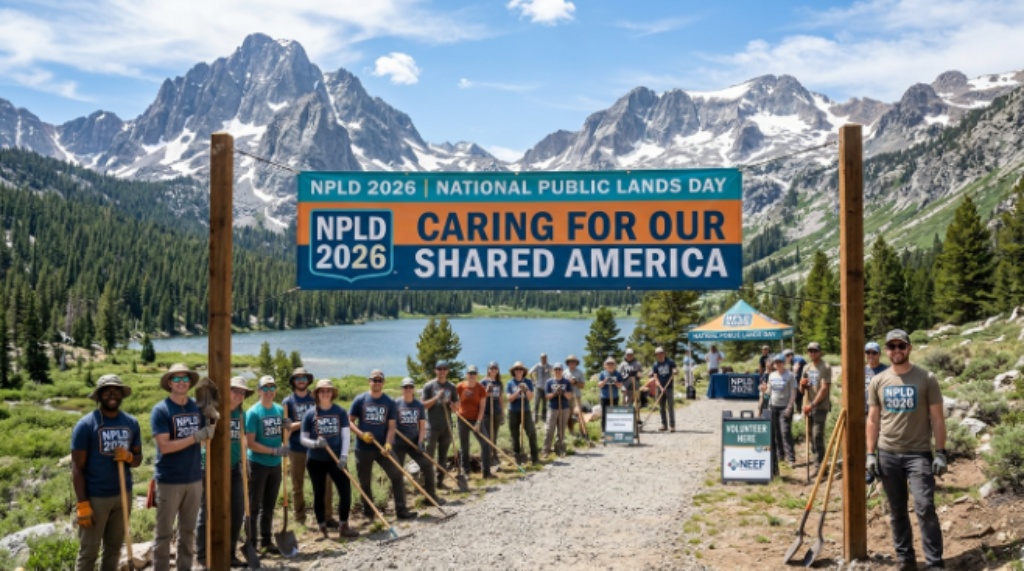 Scenic view of US public lands with NPLD 2026 Caring for Our Shared America banner