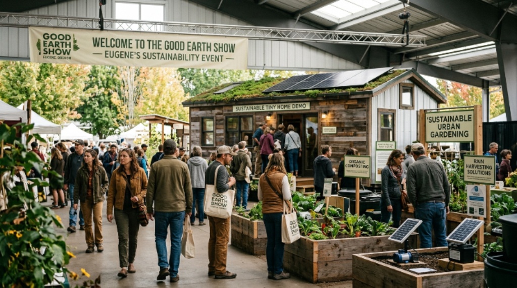 Visitors exploring sustainable home and garden exhibits at the Good Earth Show in Eugene, Oregon