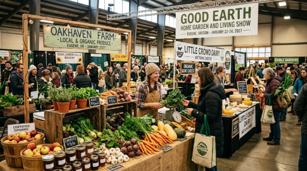 Local farmers and organic food vendors at the Good Earth Home Garden and Living Show Eugene January 2027