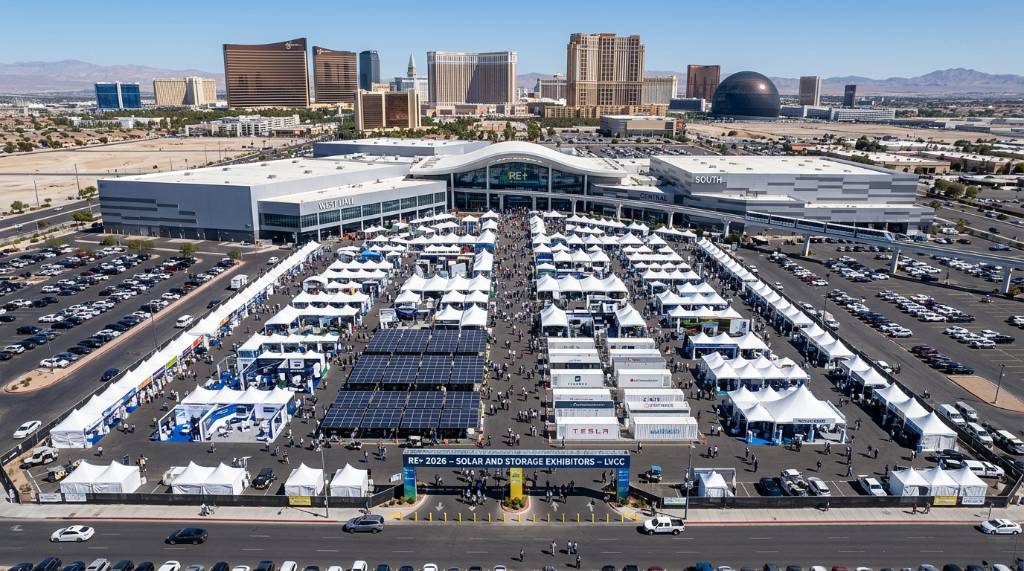 Aerial view of RE+ 2026 solar and storage exhibitors at Las Vegas Convention Center