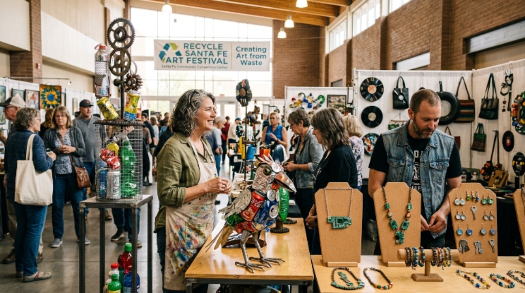 Artists displaying recycled material sculptures and jewelry at the Recycle Santa Fe Art Festival inside the Santa Fe Community Convention Center